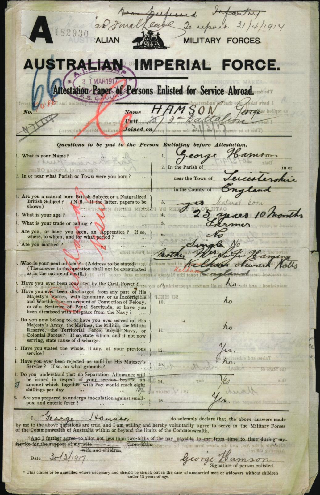Private George Hamson, enlistment papers