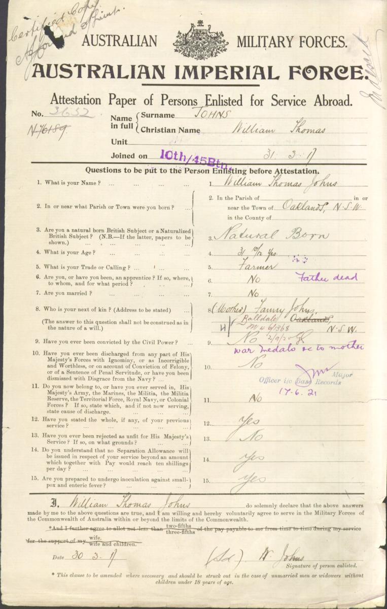 William Thomas Johns - Attestation Paper of Persons Enlisted for Service Abroad (World War One)