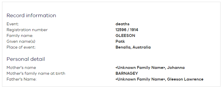 Patrick Gleeson - Victorian Births Death & Marriages