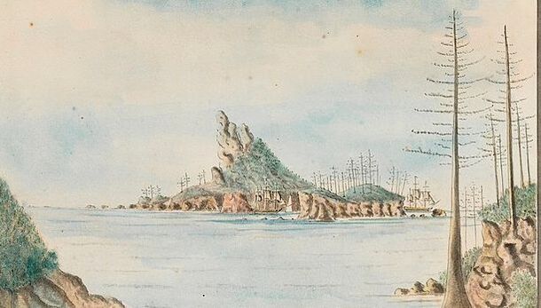 Justinian & Surprize standing into Sydney Bay, Norfolk Island (23 August 1790)