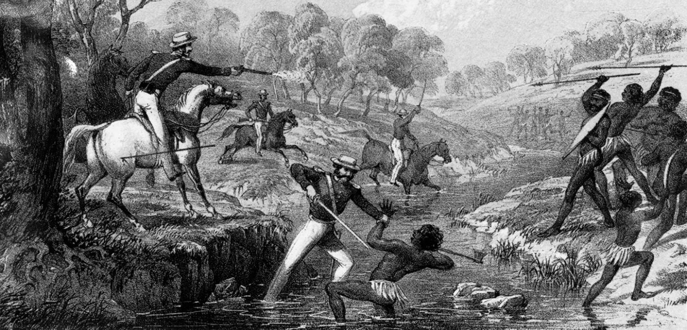 'Mounted Police and Blacks' depicts the massacre of Aboriginal people at Waterloo Creek by British troops. (From Australians Together)